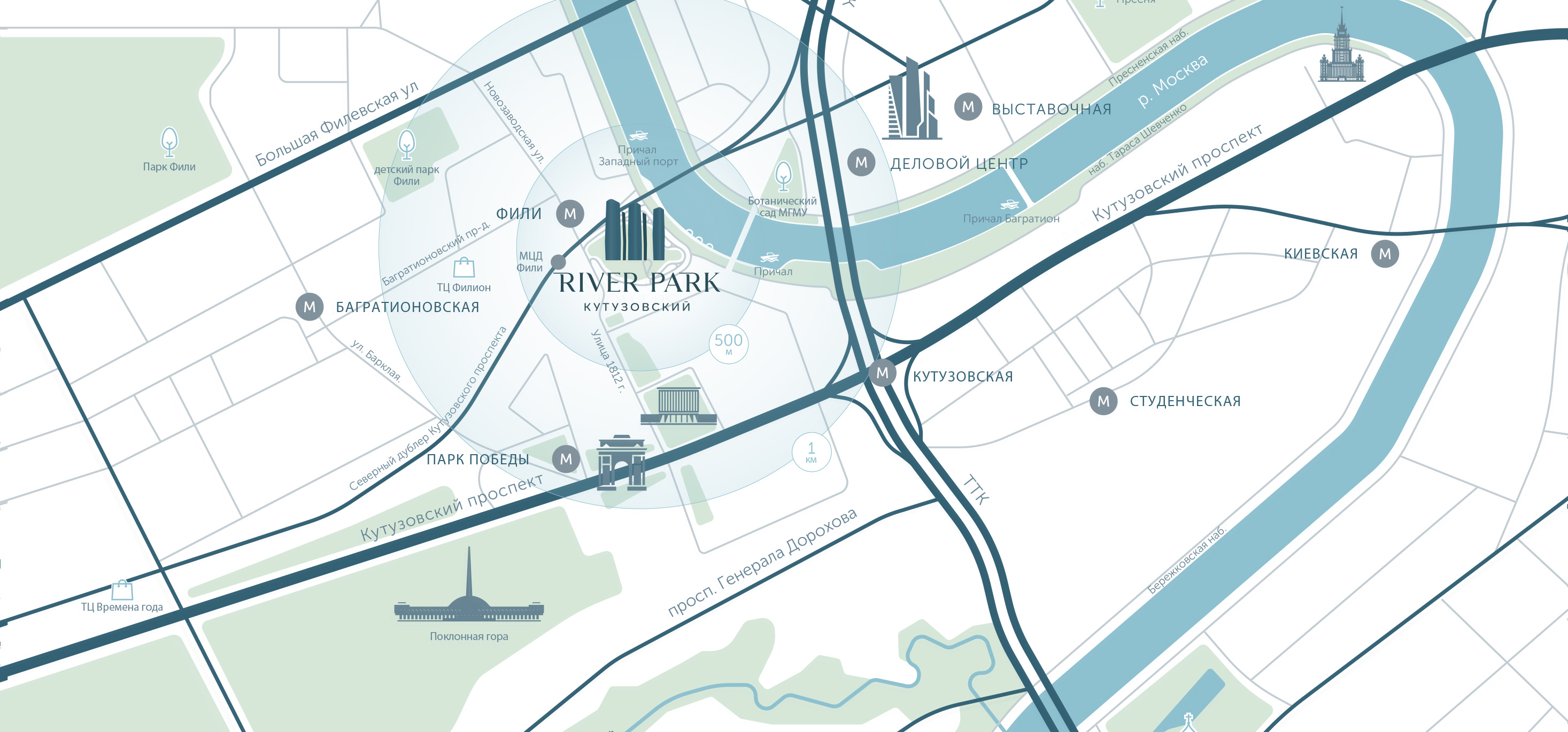 Карта объектов рядом с River Park Towers Кутузовский
